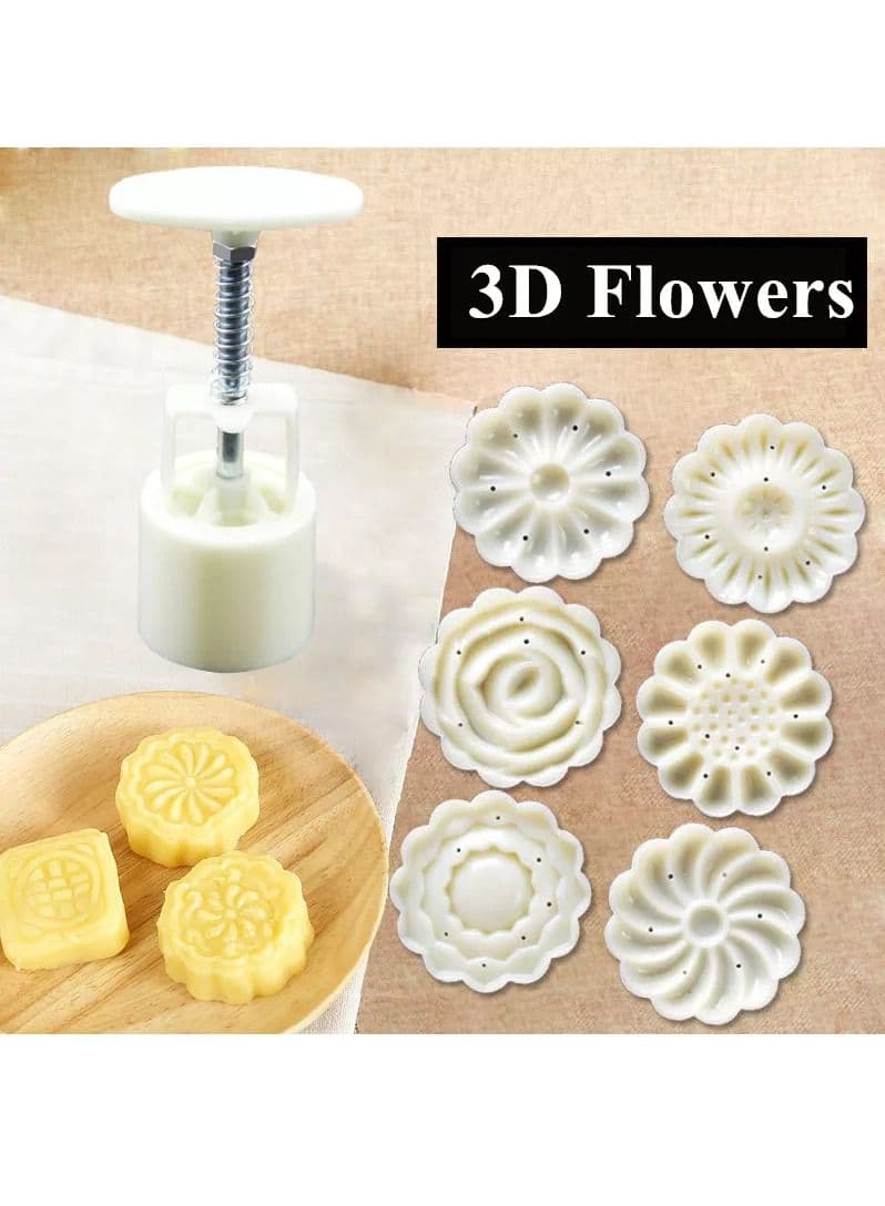 50g Mooncake Mold with 6 Stamps, Flowers Design Cookie Stamp Moon Cake Mold Stamps - Mid Autumn Festival Cookies Cutters - DIY Decoration Mooncake Press Molds (White)