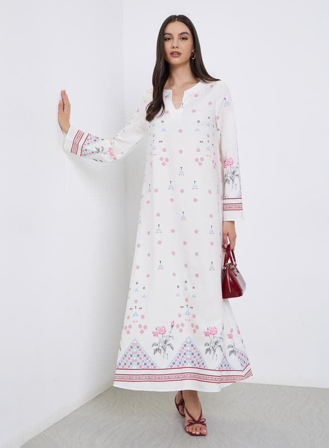 White All Over Print Long Sleeves Jalabiya