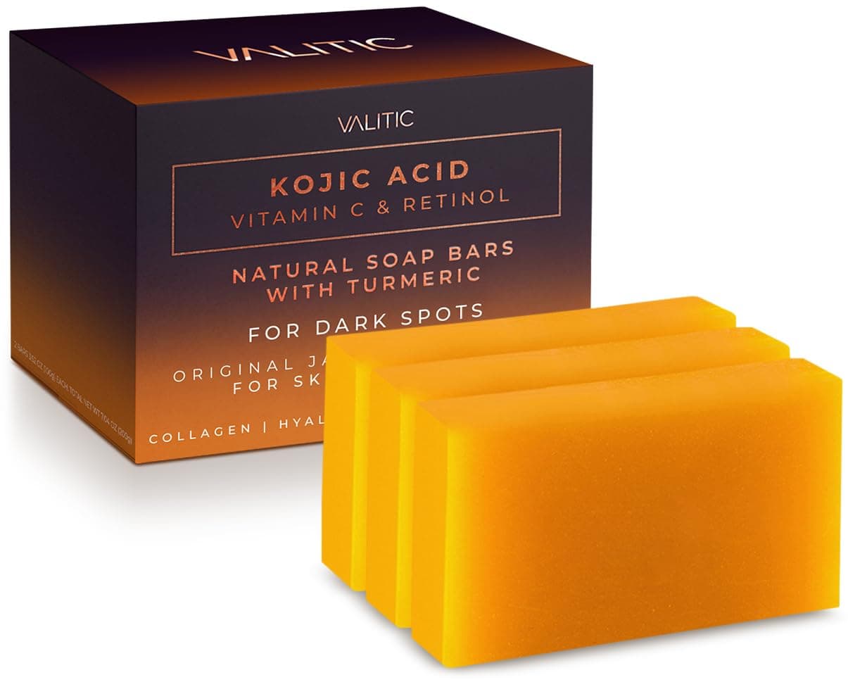 VALITIC Kojic Acid Vitamin C and Retinol Soap Bars with Turmeric for Dark Spot Original Japanese Complex Infused with Collagen Hyaluronic Acid and Vitamin E 3 Pack