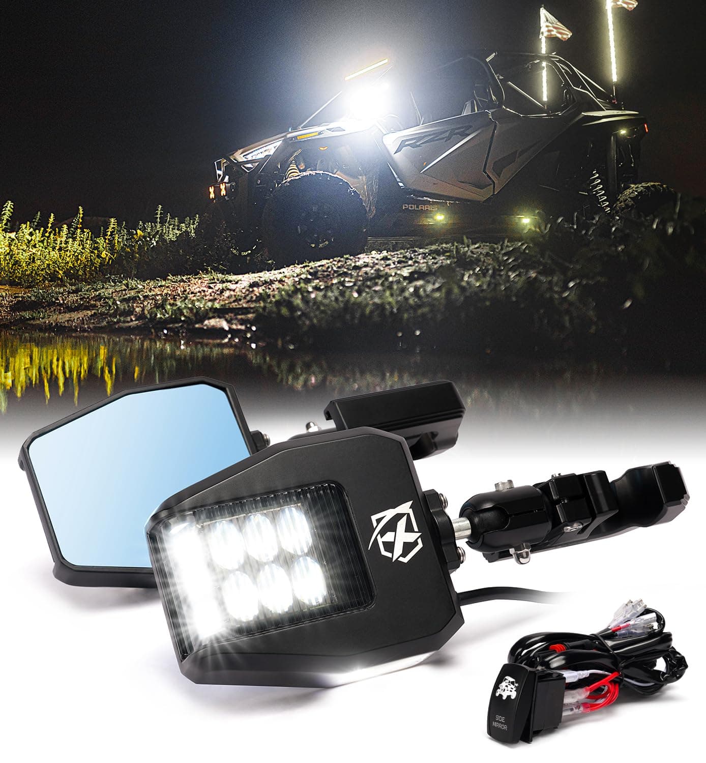 Xprite UTV LED Side View Mirrors Aluminum wPuddle Lights Fits 1752 Inch Roll Cage Bar for Polaris RZR Pioneer SXS CanAm X3 Kawasaki Teryx Mule Yamaha Rhino Wolverine Smoke Lens