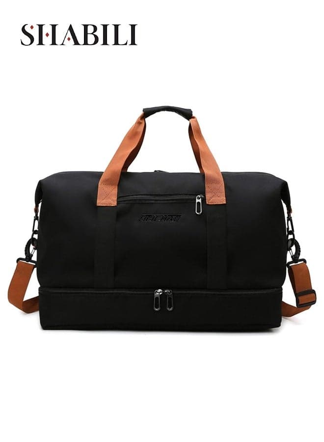 Women Nylon Sports Bag, Tourist Shoulder Crossbody Handbag Trolley Bag, Ladies Large-Capacity Multi-pocket Durable Waterproof Dry-Wet Separation Pocket, for Youth Casual Travel Daily Use (Black)