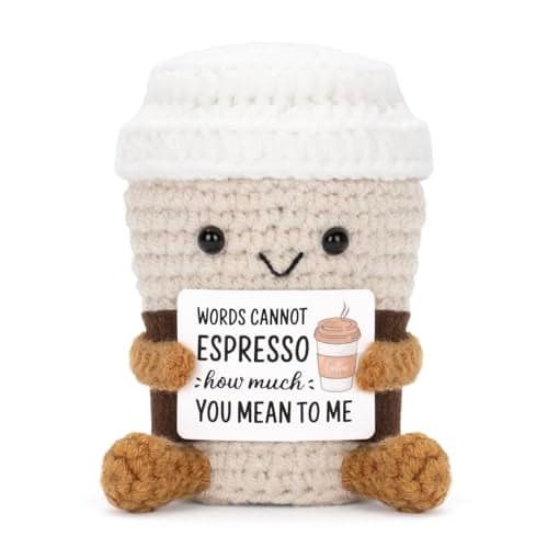 A AIFAMY Funny Positive Coffee Emotional Crochet Doll Cute Crochet Potato Partner Toy with Positive Card Cheer Up Funny Gag Gifts for Best Friend Birthday Women Teacher FallCoffee