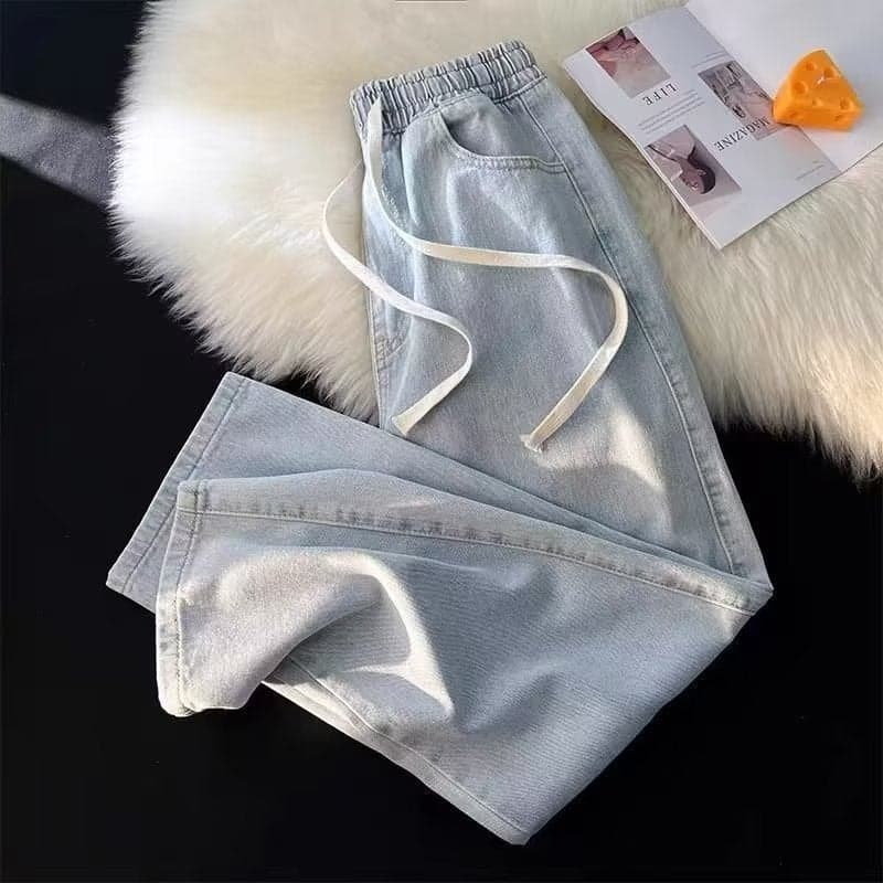 Light Blue Elastic Waist Jeans Women'S Loose Slim Straight Wide Leg Drawstring Small Casual Pants