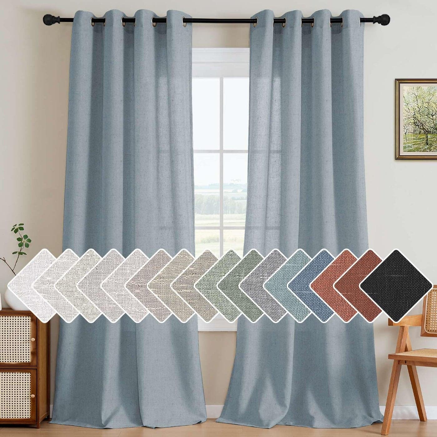 HVERSAILTEX Linen Curtains Nickel Grommet Semi Sheer Curtains Privacy Added Energy Saving Light Filtering Window Treatments Draperies for Bedroom Stone Blue 2 Panels 52 x 108 Inch