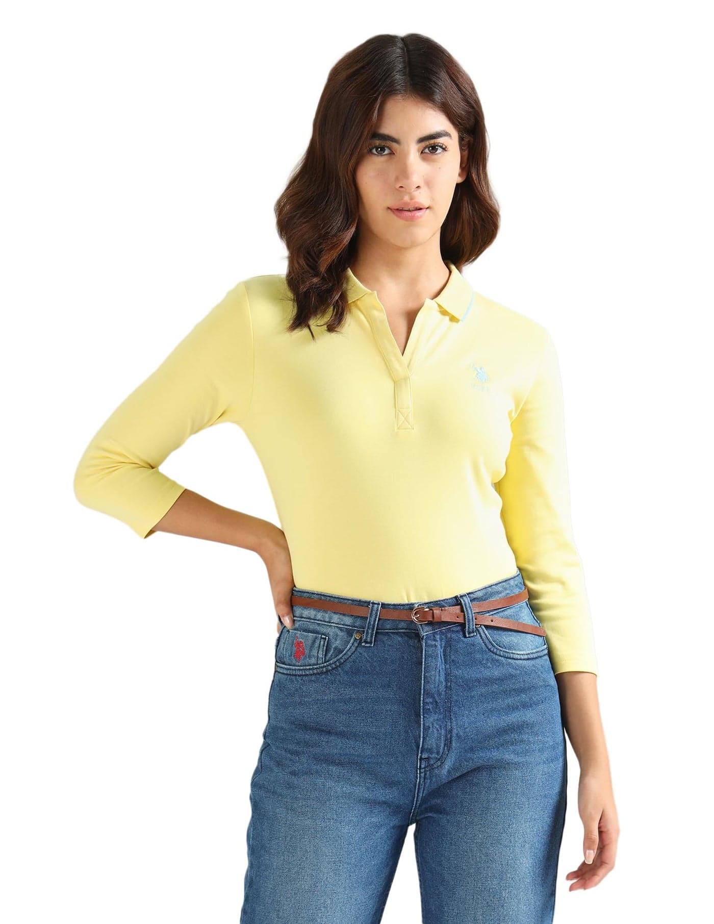 U.S. POLO ASSN. Women's Tipped Collar Solid Polo Shirt (UWSS24PTS075_Yellow_L)