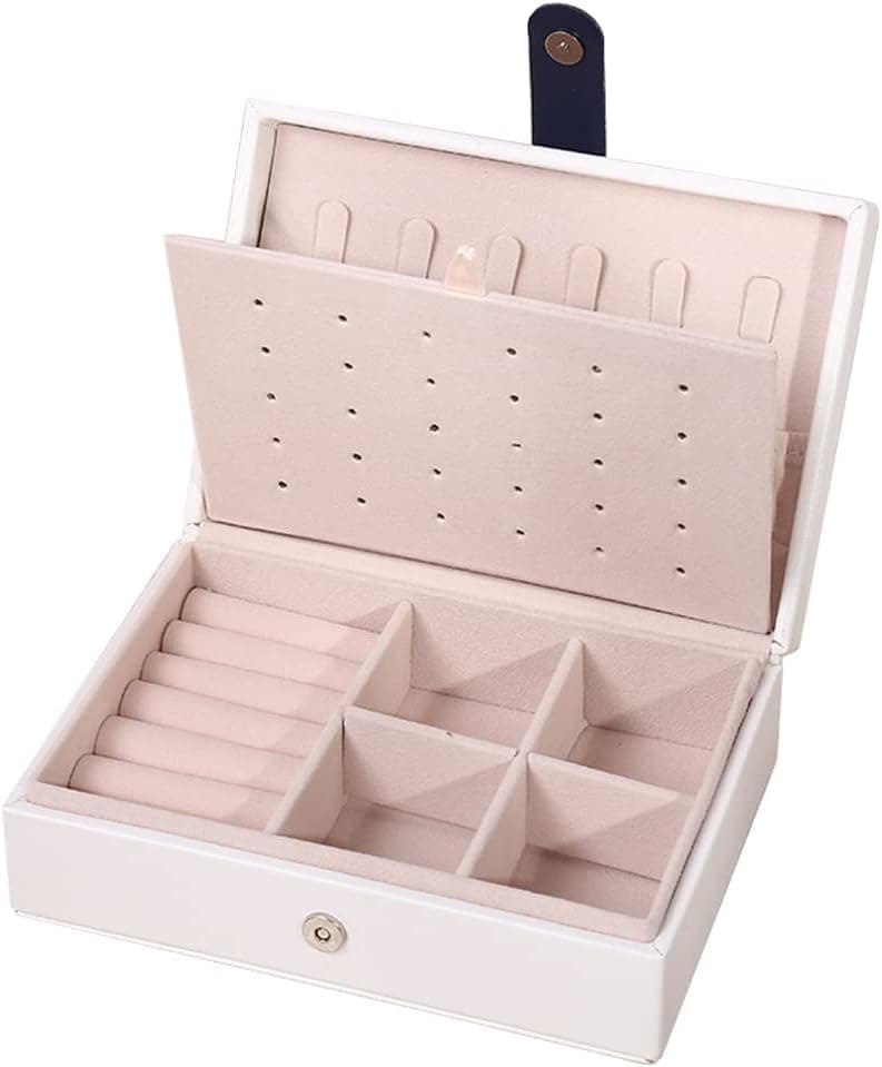 ketmart Jewellery Organiser PU Leather Magnetic Buckle Portable Storage Box Case with Dividers Container for Rings, Earrings, Necklace Home Organizer, (Color-White)