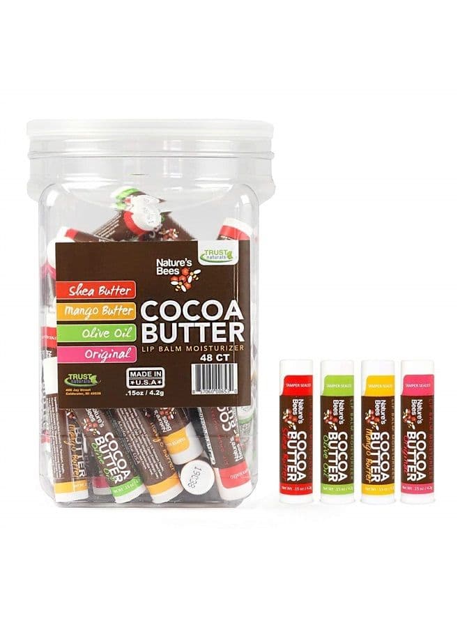 , Cocoa Butter Lip Balms, Lip Moisturizer Treatment - Pack of 48, (Original Variety Assortments - Original, Olive Oil, Mango Butter, Shea Butter)