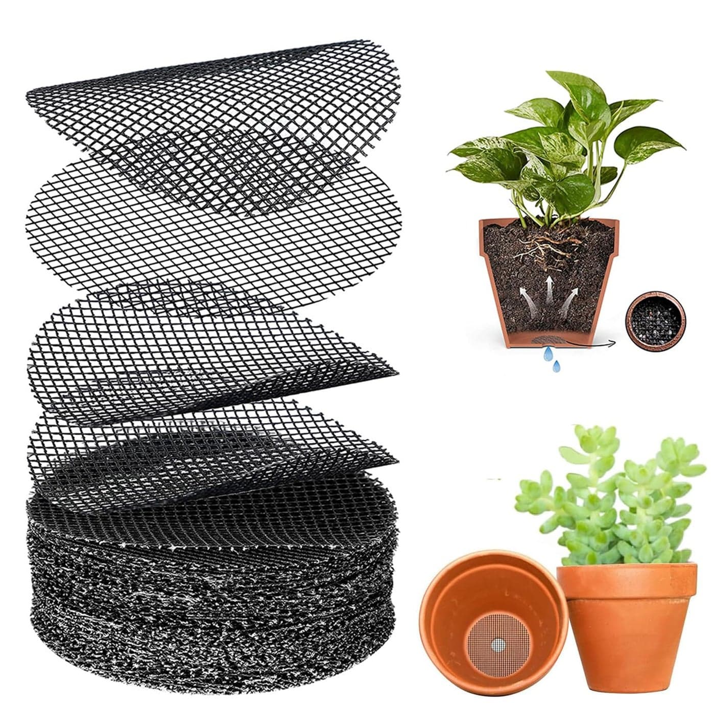 HASTHIP® 50Pcs Flower Pot Hole Mesh Pad for Keep Soil from Flowing Away, 10cm Round Drainage Hole Screens for Bonsai Pot, Succulent & Table Top Planters