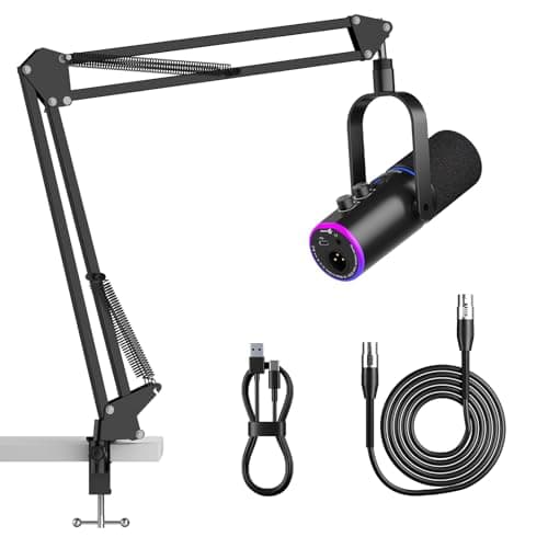P PUPGSIS XLR/USB Podcast Microphone, Gaming Mic with Mute Button, Reverb Effects, Noise Cancellation, Boom Arm Stand, Headphones Jack, Dynamic Microphone for Streaming/Recording/Gaming/Vocal-Black