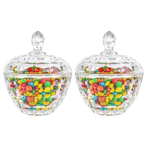 ComSaf Glass Candy Dish with Lid, 9OZ Small Candy Jars with lid for Office Desk, Covered Candy Dish for Office Desk, Decorative Cute Glass Jar, Jewelry Box for Wedding Party Buffet Decor, Set of 2