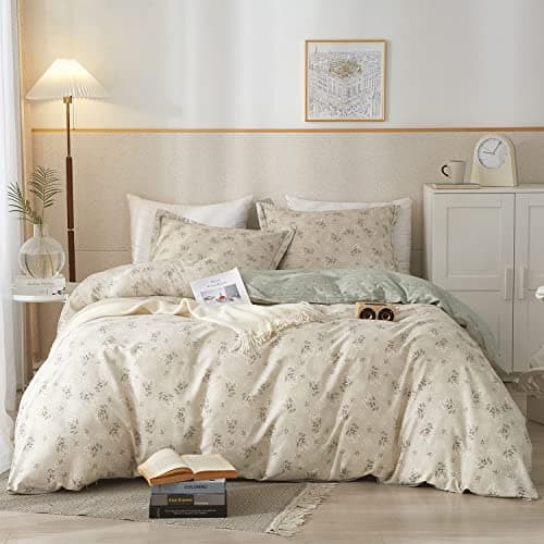 VM VOUGEMARKET Garden Flower Duvet Cover Set Queen Cotton Aesthetic Bedding Set Reversible Duvet Cover with 2 Pillow ShamsBlooming Comforter Cover for Girls