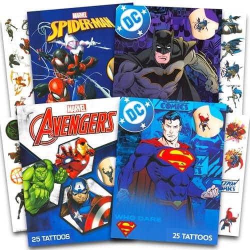 Superhero Tattoos for Kids Bundle ~ 100 Pcs Marvel and DC Super Hero Temporary Tattoos for Boys Girls | Spiderman Avengers Superman Batman Superhero Party Favors Party Supplies