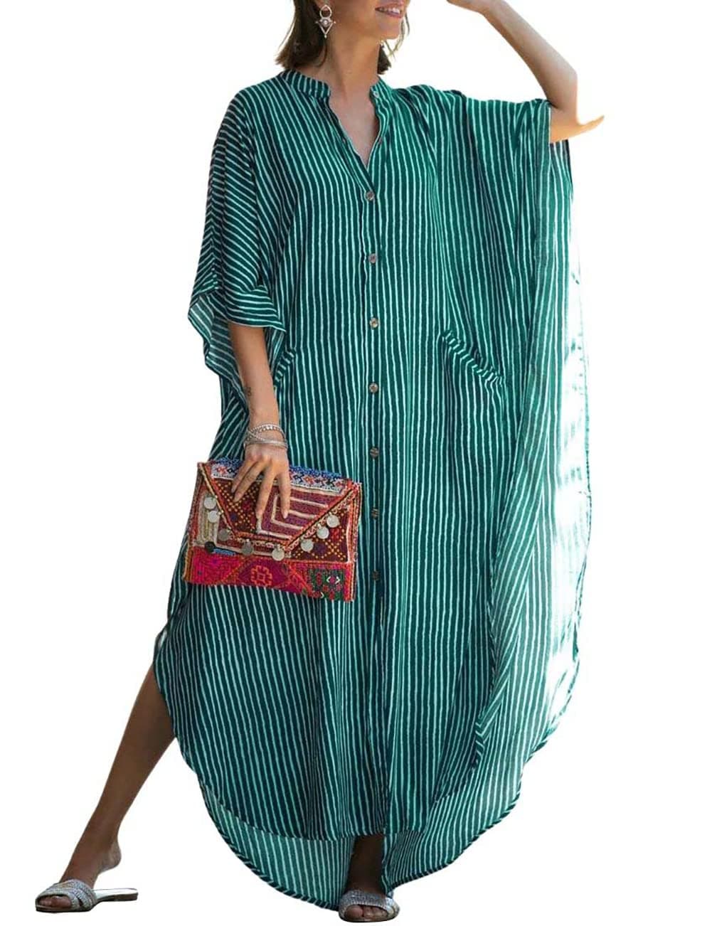 Bsubseach Beach Kaftan Dresses Button Down Long Rayon Caftan Swim Cover Up Muumuu Dress Oversized Coverups with Pockets Green Stripes