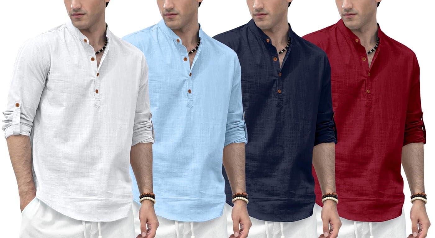 Zombom Combo of Men's Solid Cotton Polyester Blend Full Sleeve Mandarin/Chinese Collor Straight Kurta (Pack of 4)