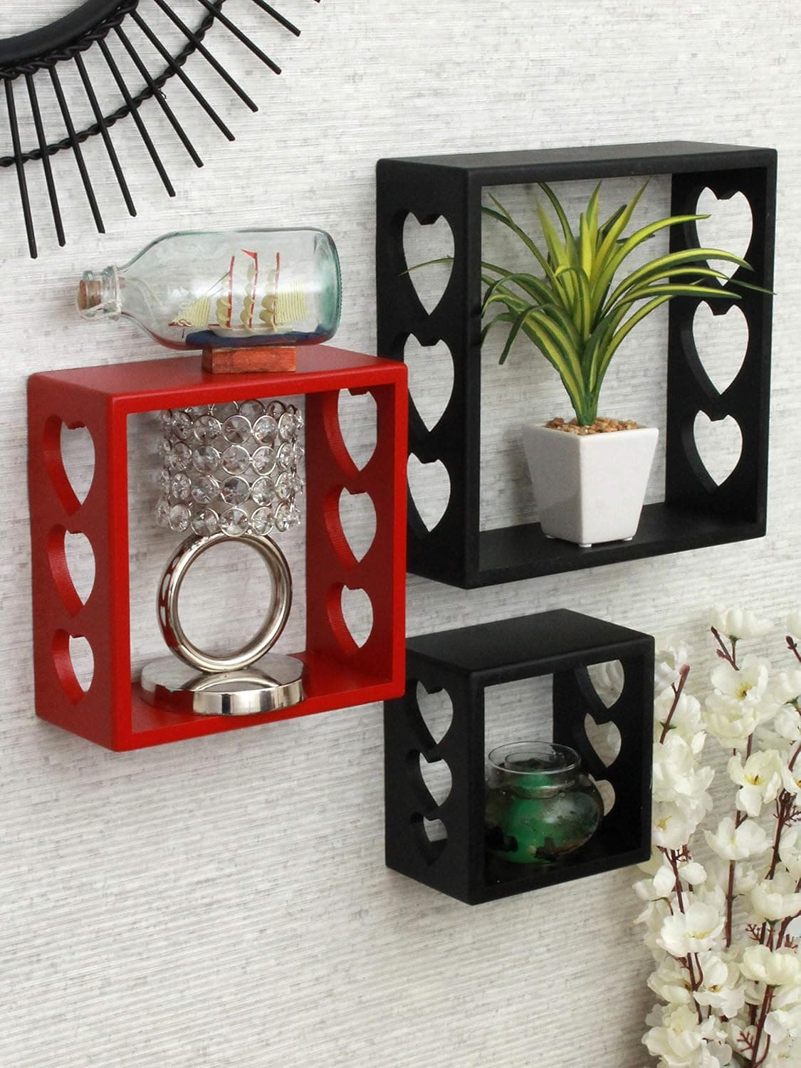 Home Sparkle Floating Cube Wooden Wall Rack ShelvesDecorative Rack Shelves for Home Decor Living Room Bedroom and OfficeKids Room Books shelveSet of 3 Black Red Rack Shelves