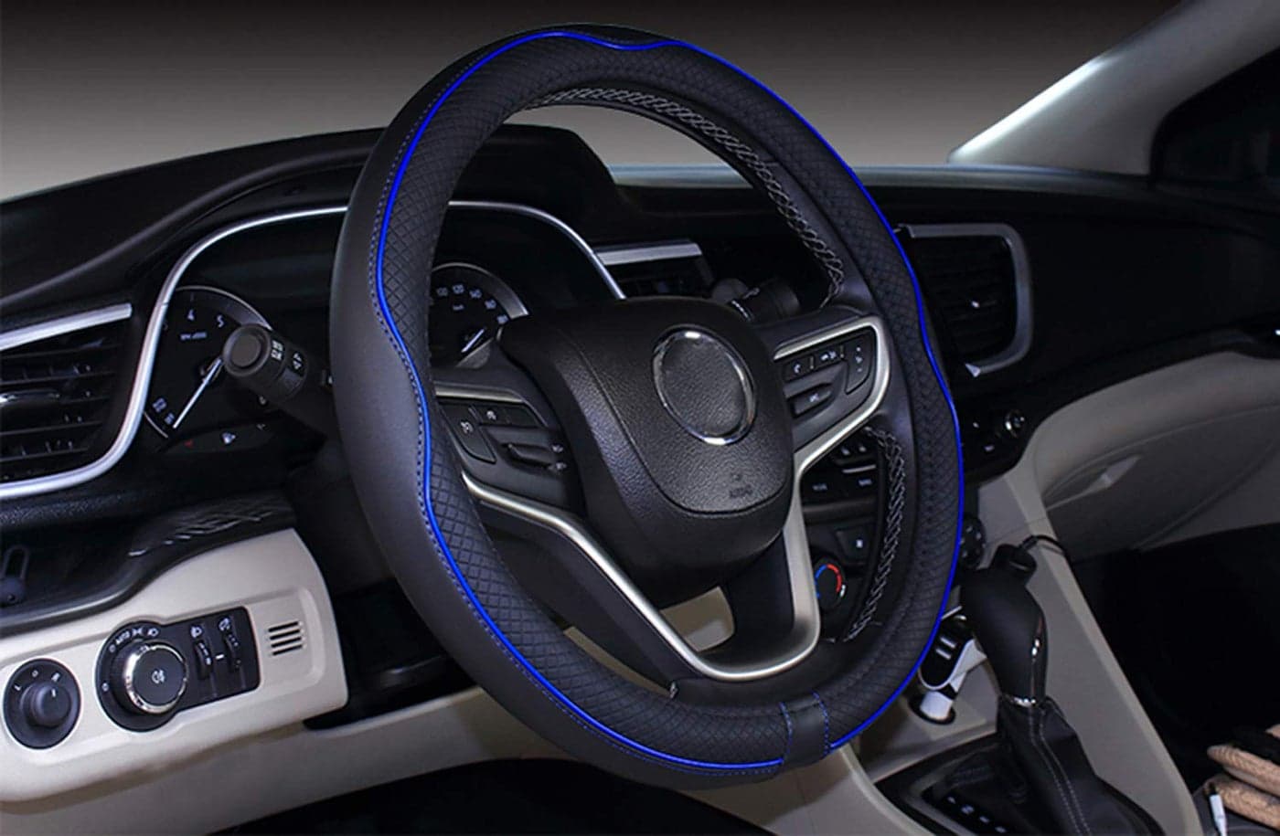 Mayco Bell Universal Standard Size Steering Wheel Cover AntiSlipSafetySoftBreathableDurableFull SurroundComfortable Grip Microfiber Leather 14515 inchBlack Dark Blue