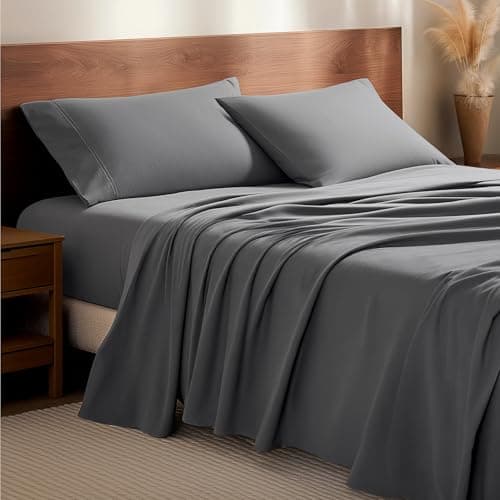 Bare Home Flannel Sheet Set 100% Cotton, Velvety Soft Heavyweight - Double Brushed Flannel - Deep Pocket (Split King, Grey)