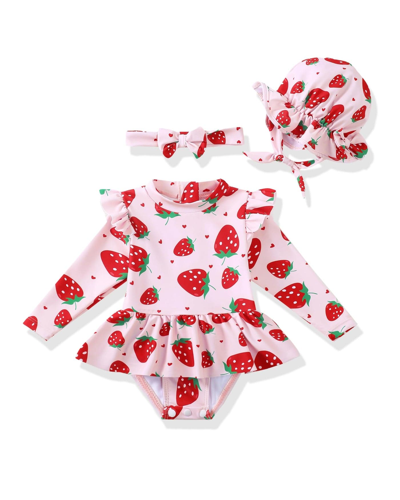 Renotemy Baby Girl Swimsuit 6-9 Months Infant Long Sleeve 9-12 Month Swimsuit Girls One-Piece Bathing Suit Rash Guard Swimsuits with Hat Pink Strawberry Ruffle Swim Suit Baby Beach Essentials Swimwear