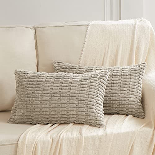Fancy Homi 2 Packs Taupe Lumbar Decorative Throw Pillow Covers 12x20 Inch for Living Room Couch Bed Sofa, Rustic Farmhouse Boho Home Decor, Soft Striped Corduroy Rectangle Cushion Case 30x50 cm