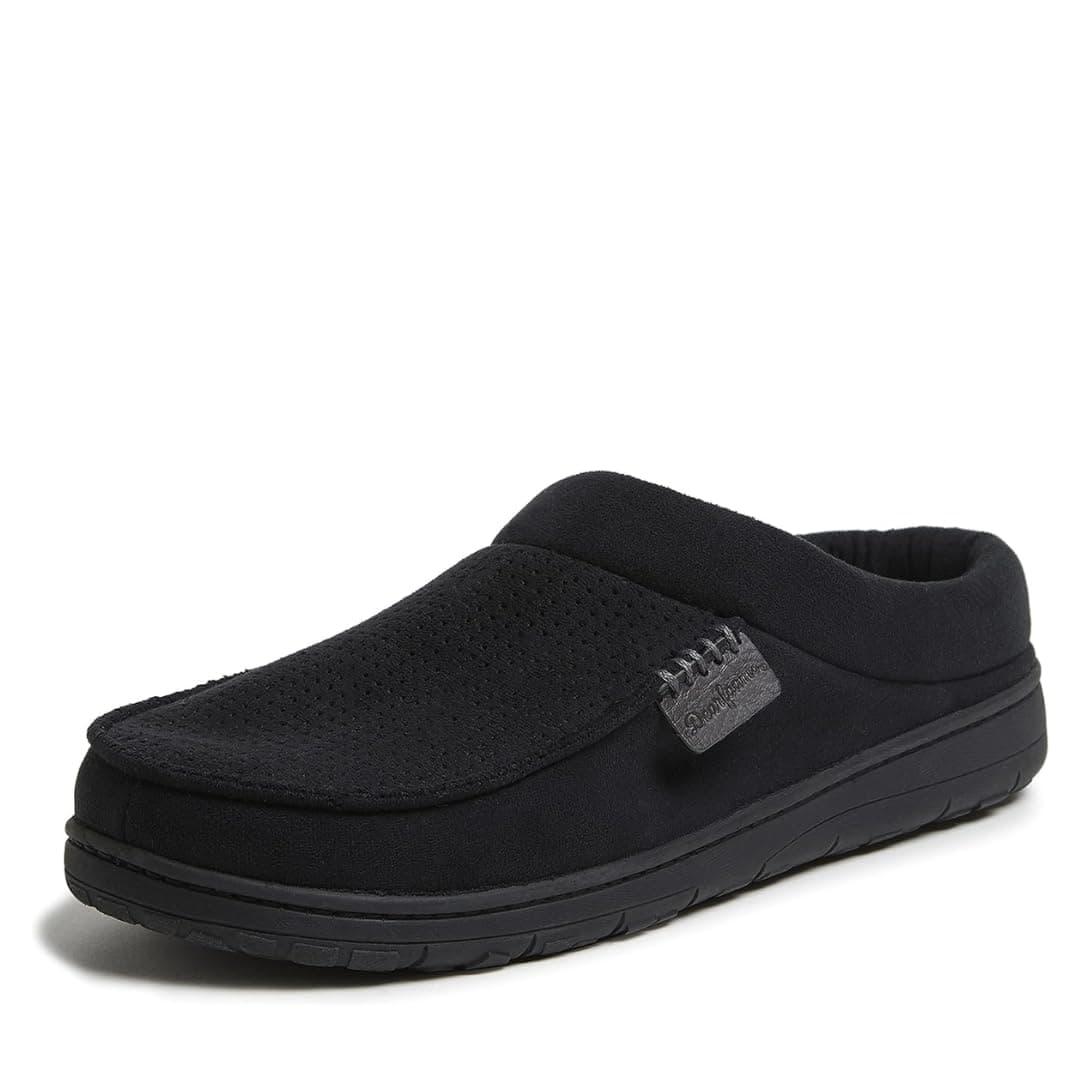 Dearfoams Mens Brendan Microfiber Suede Clog Slipper Black Perforated Medium