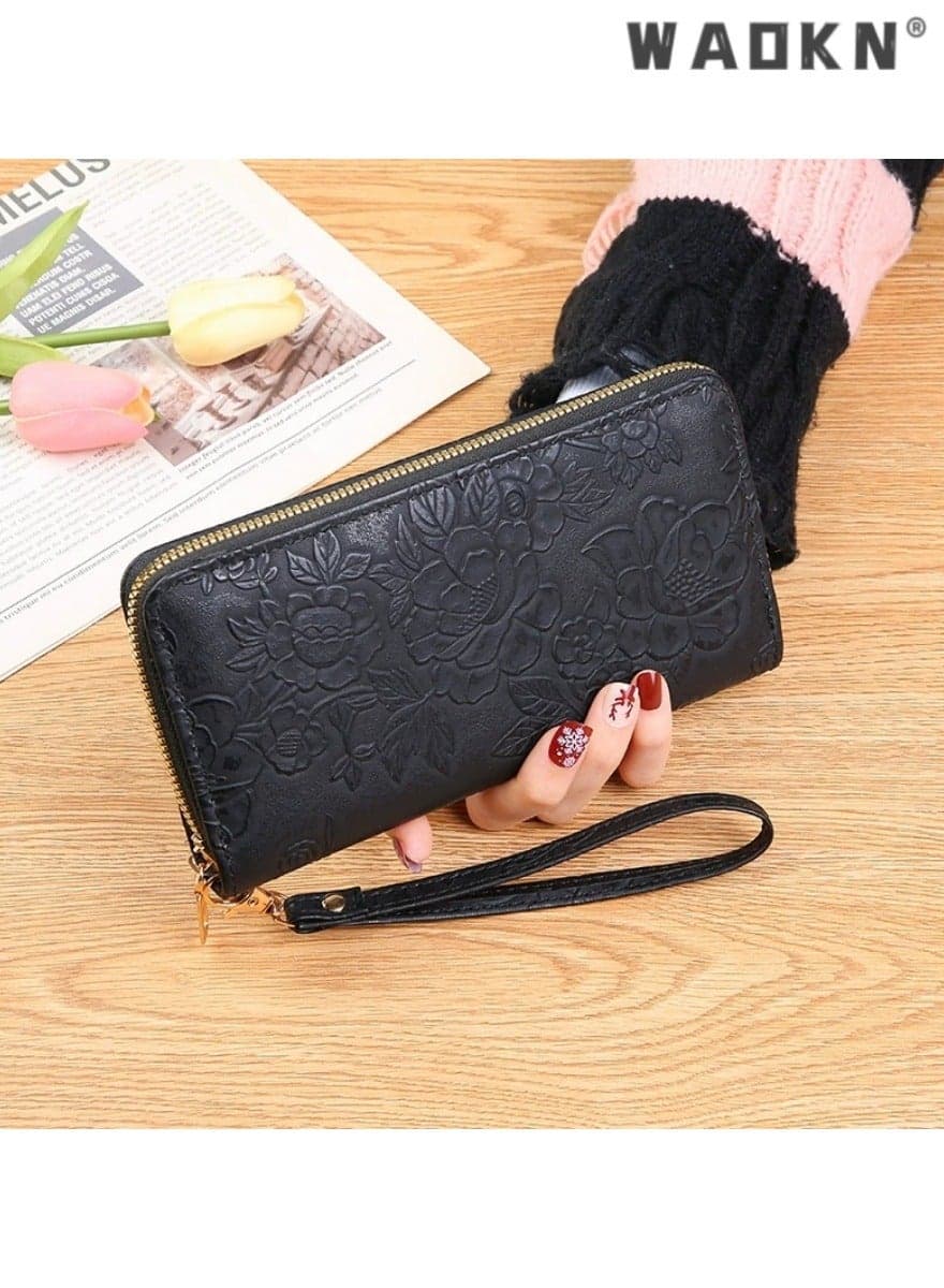 New fashionable long zipper clutch with large mobile phone compartment, exquisite embossed pattern, convenient bill holder, showcasing a simple and elegant women's wallet trend(Black)