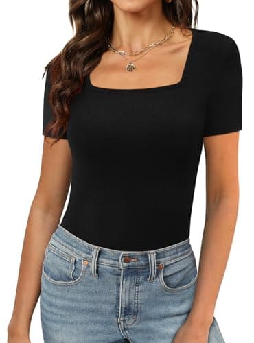Womens Summer Tops 2023 Short Sleeve Square Neck Shirts Slim Fit Black M