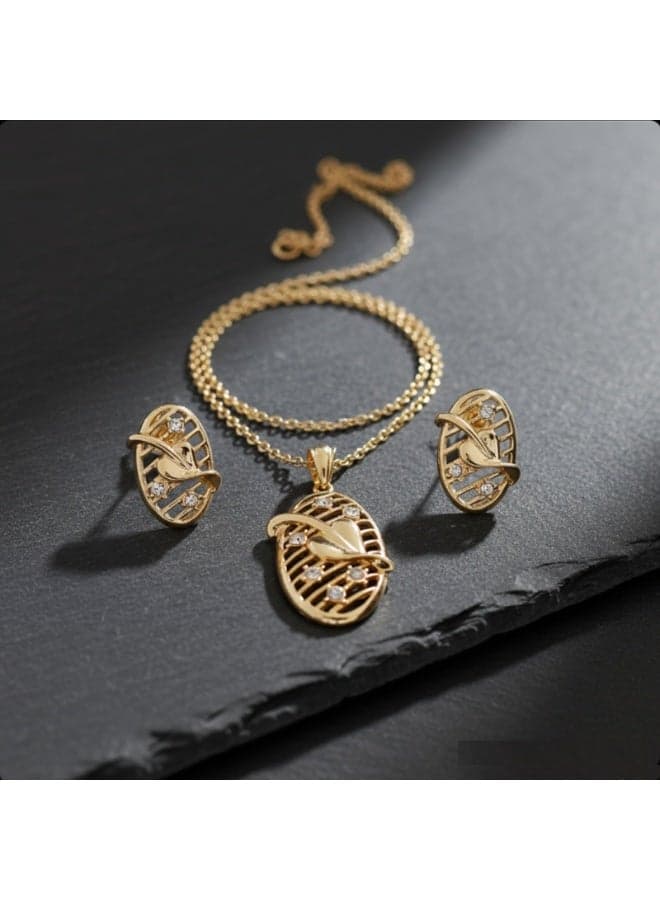 Elegant Gold Plated Leaf Design Jewelry Set with Crystals (Necklace & Earrings) Luxury Fashion Jewelry Set – Gold Oval Pendant & Earrings with Sparkling Stones Stylish Gold-Tone Necklace and Earring Set with Floral Leaf Accents