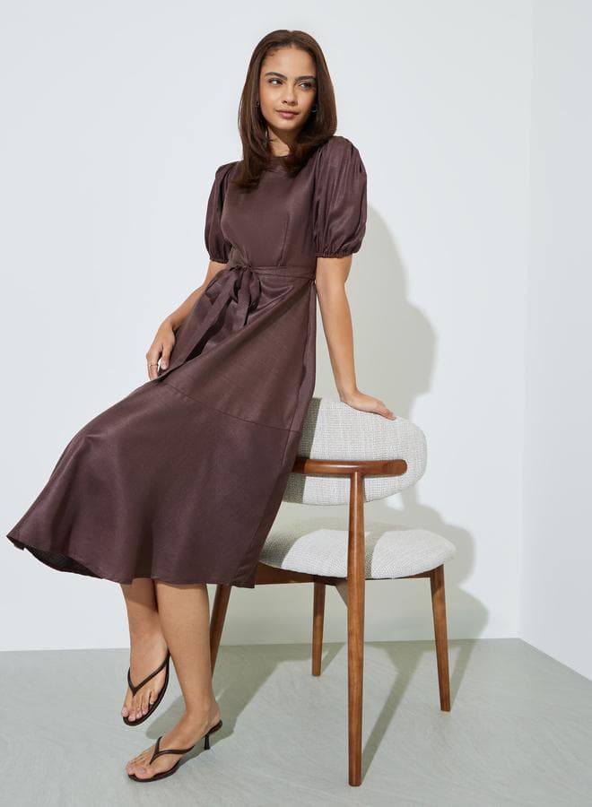 Brown A-Line Midi Dress with Puff Sleeves