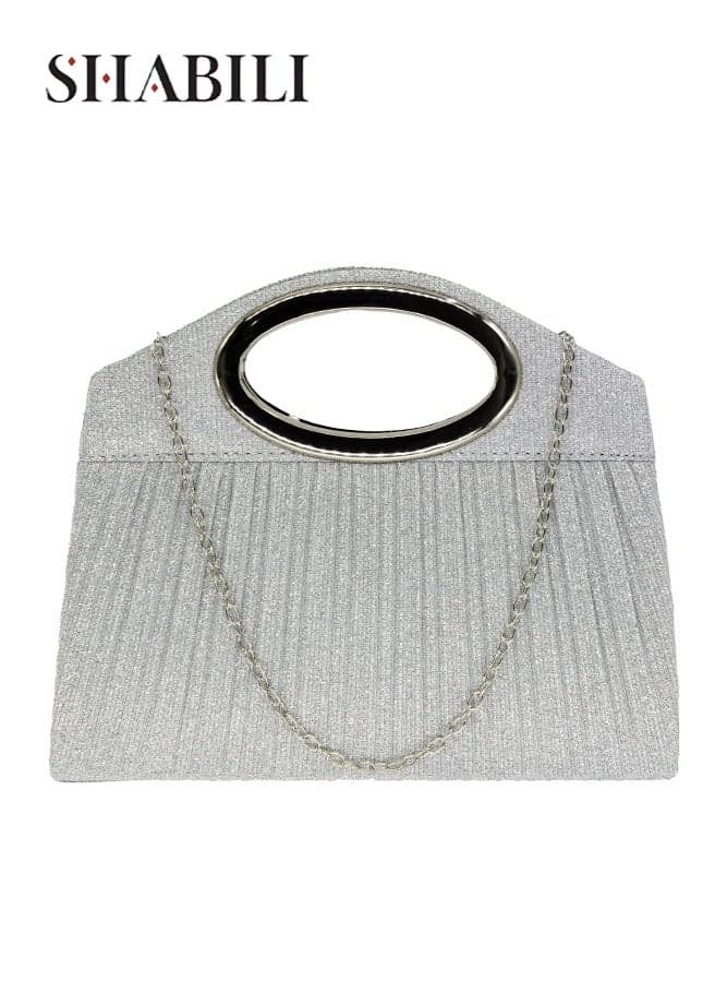 Women's Banquet Bag Clutch Bag, Ladies Elegant Shoulder Bag Handbag Crossbody Bag Evening Bag, Fashion Wedding Party Prom Purse for Women with Polyester Fabric and Detachable Chain (Silver)