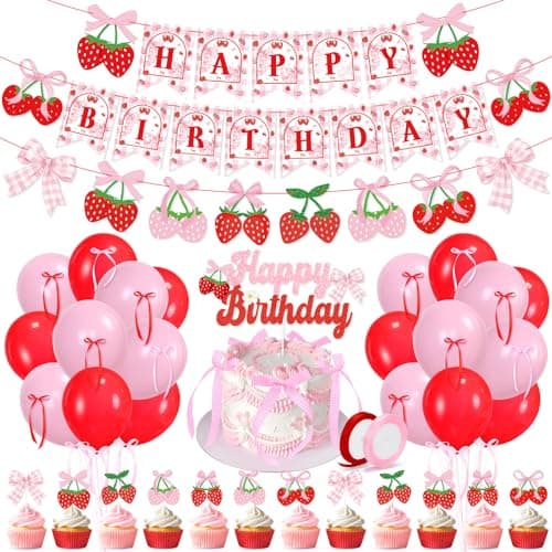 Pink Bow Strawberry Birthday Party Decor Strawberry Bows Happy Birthday Banner Cake Topper Balloons for Girls Trendy Berry First 1st Bday Decor Strawberry Themed Berry Sweet Baby Shower Party Supplies