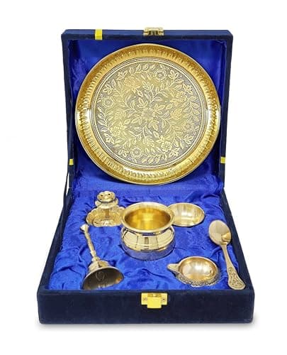 BENGALEN Brass Pooja Thali Set with Grey Gift Box 6 Inch Pital Plate Kalash Spoon Chandan Wati Dhup Dan Kuber Diya Ghanti Puja Arti Thali for Diwali Home Office Mandir Wedding Return Gifts