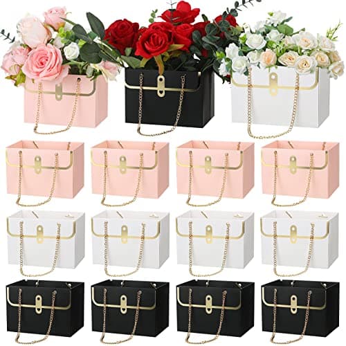 Lincia 24 Pcs Paper Flower Bags for Bouquets Wedding Flower Bouquets Boxes with Handle Chain Bags Rectangle Wrap Boxes for Women Valentine Wedding Lover Gift DecorationPink White Black