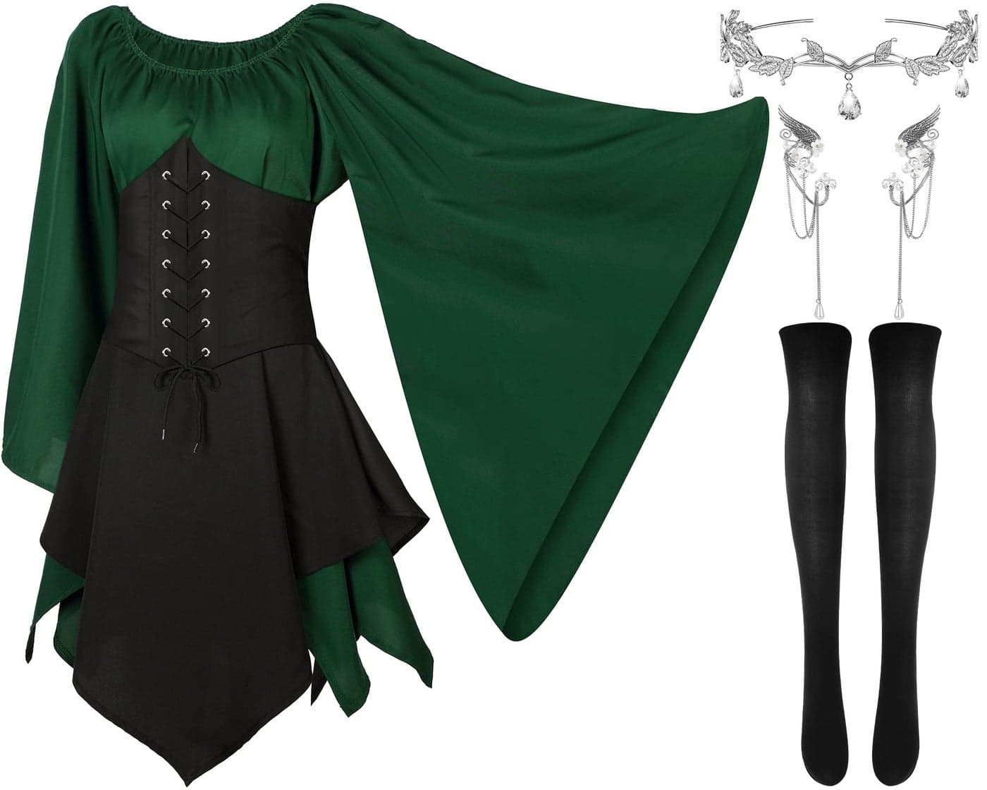 Haysandy 4 Pcs Women Elf Costume Renaissance Traditional Irish Dress Fairy Ears for Halloween CosplayLargeGreen Black