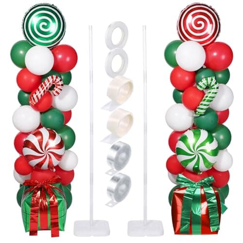 Realspring 132 Pcs Christmas Party Decorations Christmas Balloon Column Stand Kit Red Green White Candy Cane Gift Box Balloons for Xmas New Year Holiday Birthday Party Supplies