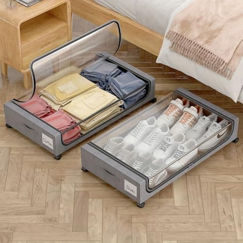 HomeCloud Under Bed Storage Solution | Featuring Wheels, Containers and 6.5 Inch High Rolling Shoe Storage with Lid, Ideal for Small Space Organization and Clothes Storage (R_Grey, Set of 1)
