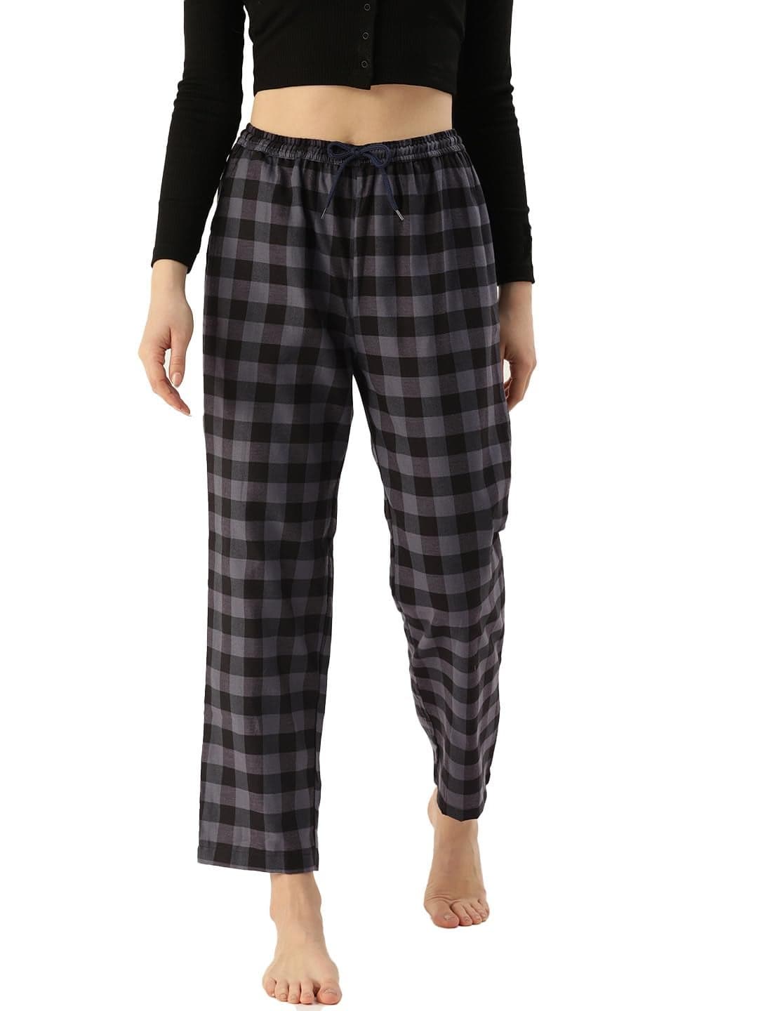 KRYPTIC women cement checked lounge pyjama - Pure cotton, relaxed fit, Ultra soft(Cement ;L)