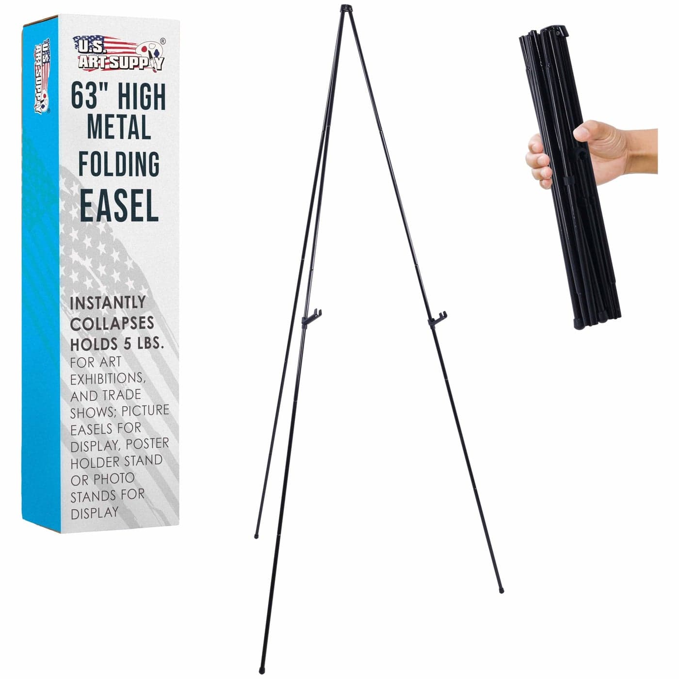US Art Supply 63 High Metal Folding Display Easel Adjustable Height Instantly Collapses Holds 5 lbs Portable Art Easel Stand for Sign Poster Canvas Painting Picture Display