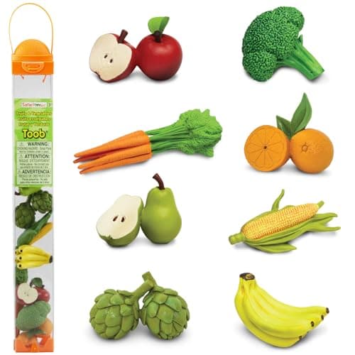 Safari Ltd Fruits Vegetables TOOB 8 Mini Figurines Including Pears Oranges Apples Artichokes Carrots Bananas Broccoli and Corn Educational Toy Figures for Boys Girls Kids Ages 3