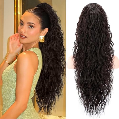 CHRSHN Ponytail Extension Claw Clip Ponytail Extension 26 Inch Long Dark Brown Curly Clip in Pony Tails Hair Extensions Synthetic Layered Fluffy Hairpieces for Women