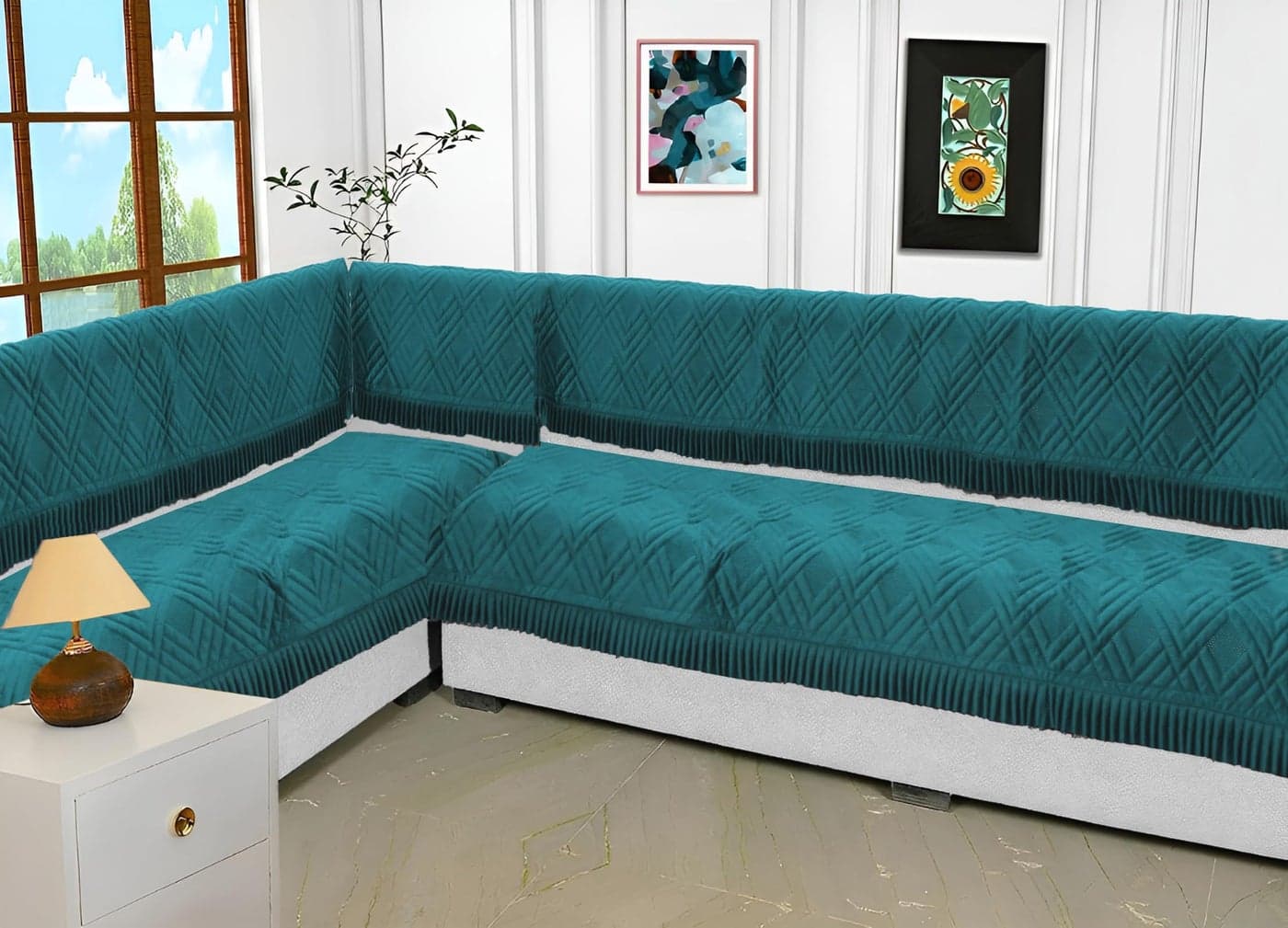 Fashion Throw 'Homefrill Series' Sofa Cover L Shape 6 Seater Sofa Cover Premium Velvet Frill | Anti-Slip Sofa Slipcovers for Living Room Covers for Wooden Furniture Teal, L-Shape(3+3)+ Back