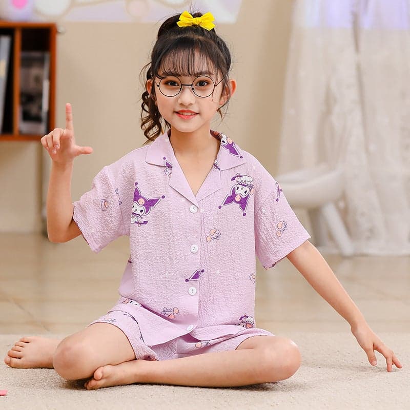 Summer Bubble Crepe Cotton Children'S Pajamas Lapel Cardigan Short Sleeve Shorts Cute Sweet Kids Home Clothes