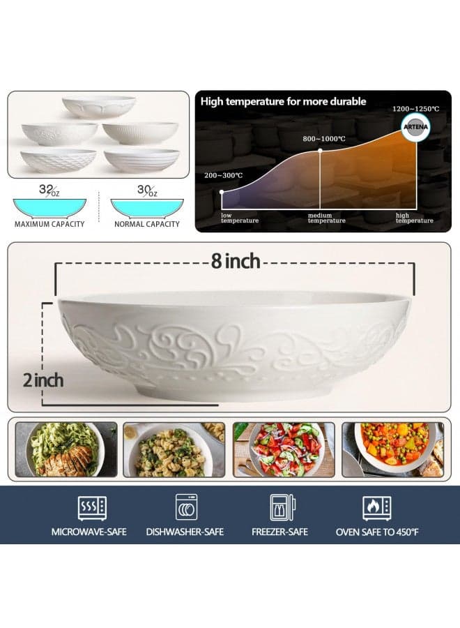 Artena Pasta Bowls 32oz, Ceramic Large Salad Bowls 8 inch, Embossed Soup Bowls Set of 4, White Serving Bowls for Entertaining, Wide Shallow Dinner Bowls for Spaghetti, Microwave Dishwasher Oven Safe