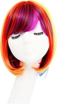 Lurrose Colourful Rainbow Bob Wig Short Straight Hair Wig For Women Halloween Party