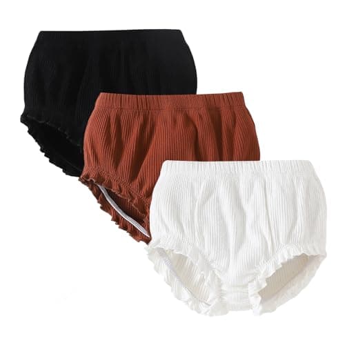 SOBOWO 3-Pack Bloomers for Baby Girls Diaper Covers Ribbed Ruffle Solid Triangle Baby Girl Shorts Summer Toddler Underwear(Black/Brown/White, 12-18 Months)