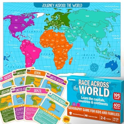 QUOKKA Board Games for Kids 812 Family Games for Kids and Adults Journey Across The World Card Game Ages 59 Learn Capitals Flags Facts and Map Locations with 195 World Map Cards