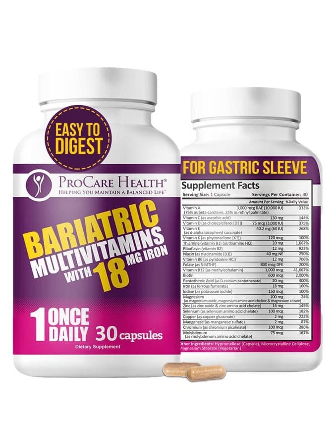 Bariatric Multivitamin with Iron 18mg (30 Easy to Swallow Capsules) - Post Op Bariatric Vitamins for Gastric Bypass Pills - Bariatric Must Haves for Sleeve Patients (1 Month Supply)
