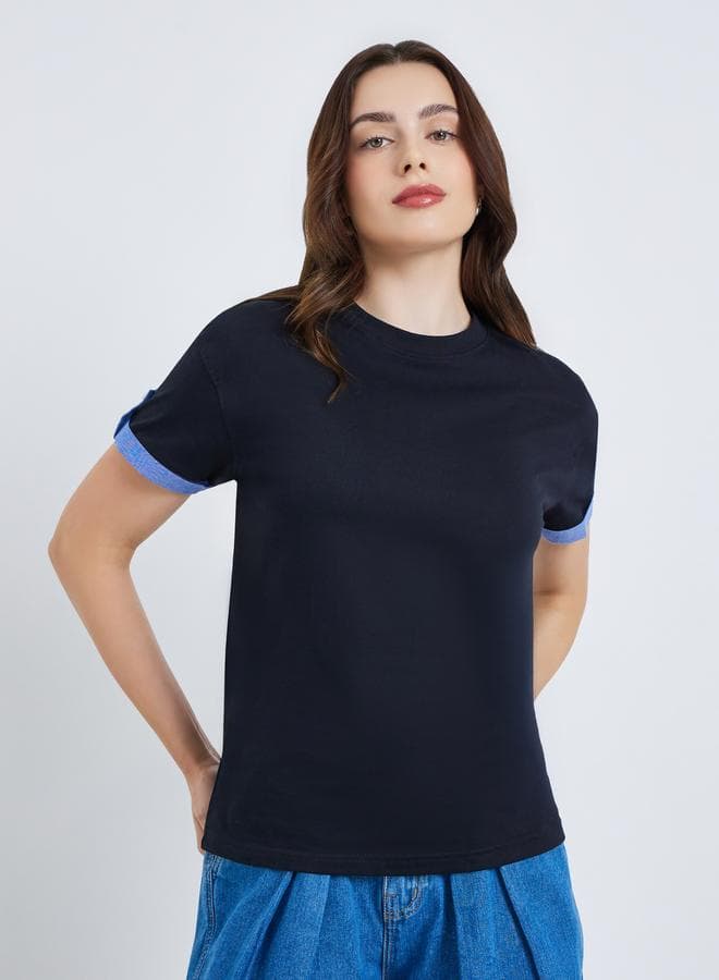 Women Cotton T-Shirt with Contrast Cuff Detail
