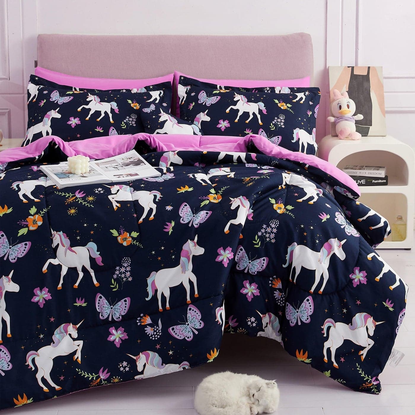Mooreeke Kids Comforter Bed Set Twin Size for Girls 6 Pieces Bed in a Bag with Shams Sheet Set Purple Pink Unicorn Twin Soft Microfiber Kids Comforter Bedding Set