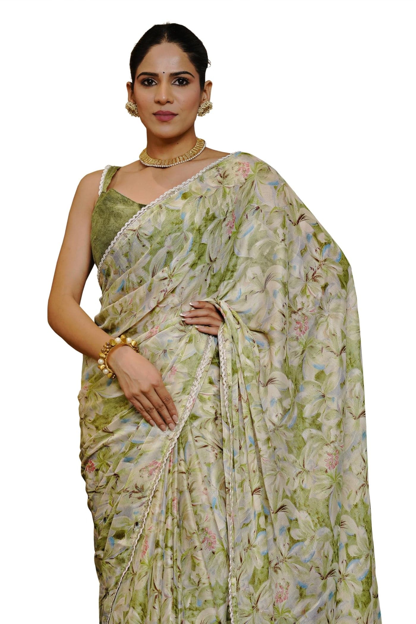 MIRCHI FASHION Women's Chiffon Floral Printed Saree with Blouse Piece (49813 - Olive Green, Beige)