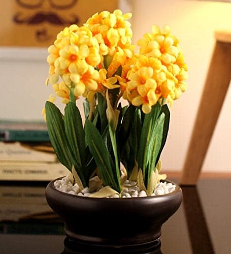 Fourwalls Artificial Hyacinth Flower Bonsai Plant in a Ceramic Vase for Home and Office Decor 26 cm Tall Yellow